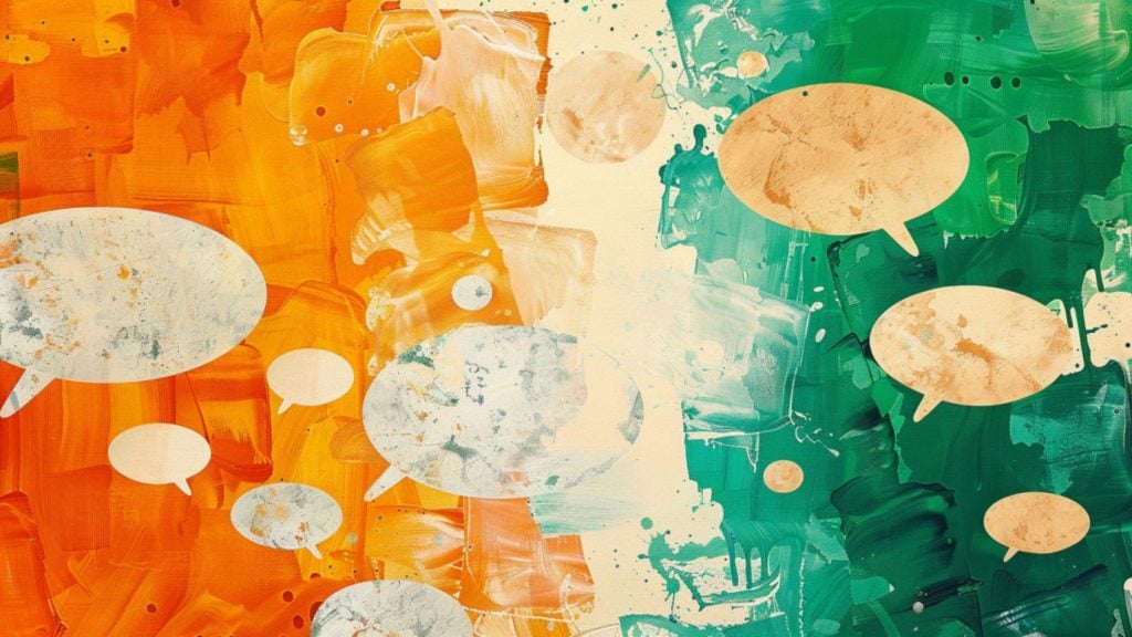 Abstract painting with orange and green brushstrokes featuring several speech bubbles scattered across the canvas.