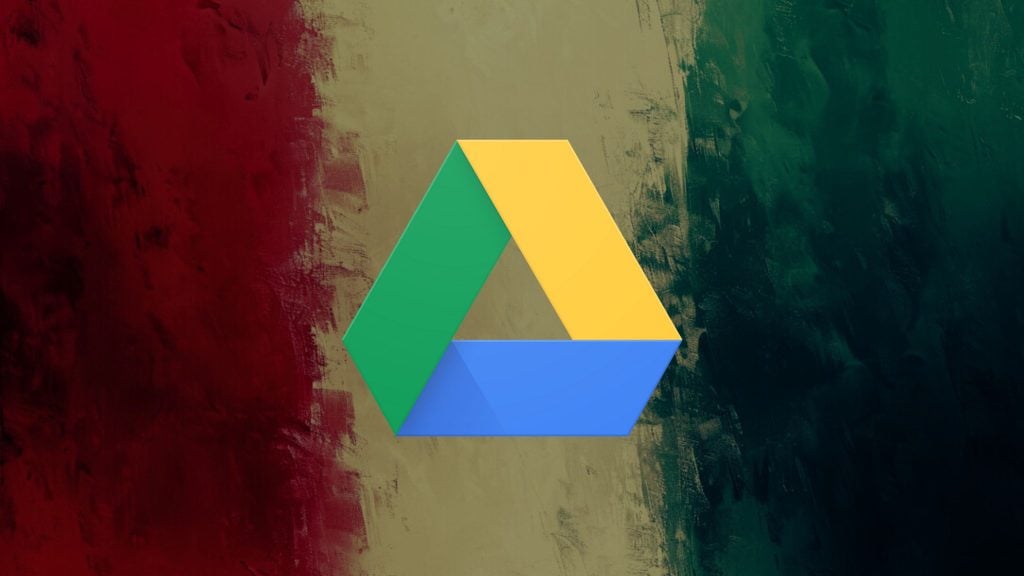 Google Drive logo on a textured background with red, beige, and green sections.