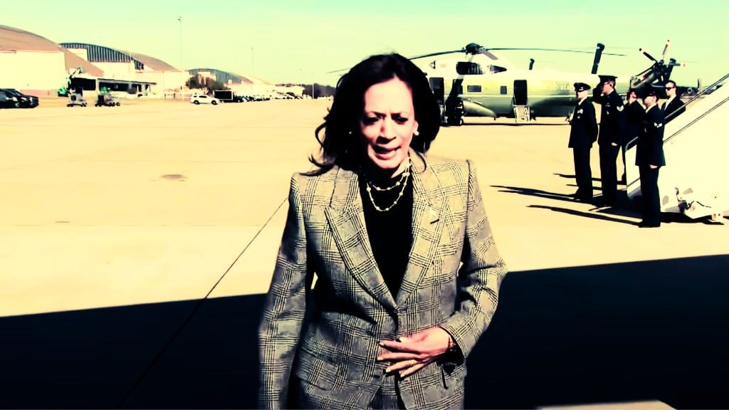 Vice President Kamala Harris wearing a plaid blazer stands in front of a helicopter on an airport tarmac, with saluting personnel nearby.