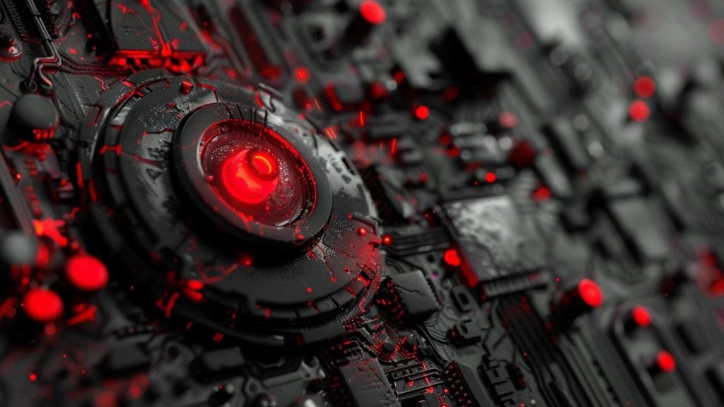 Futuristic, dark metallic circuit board with glowing red lights and intricate patterns.