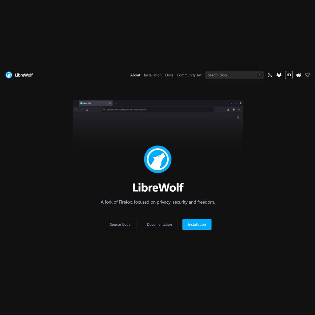 LibreWolf website homepage with a logo and description, featuring installation options and menu links for about, documentation, and community art.