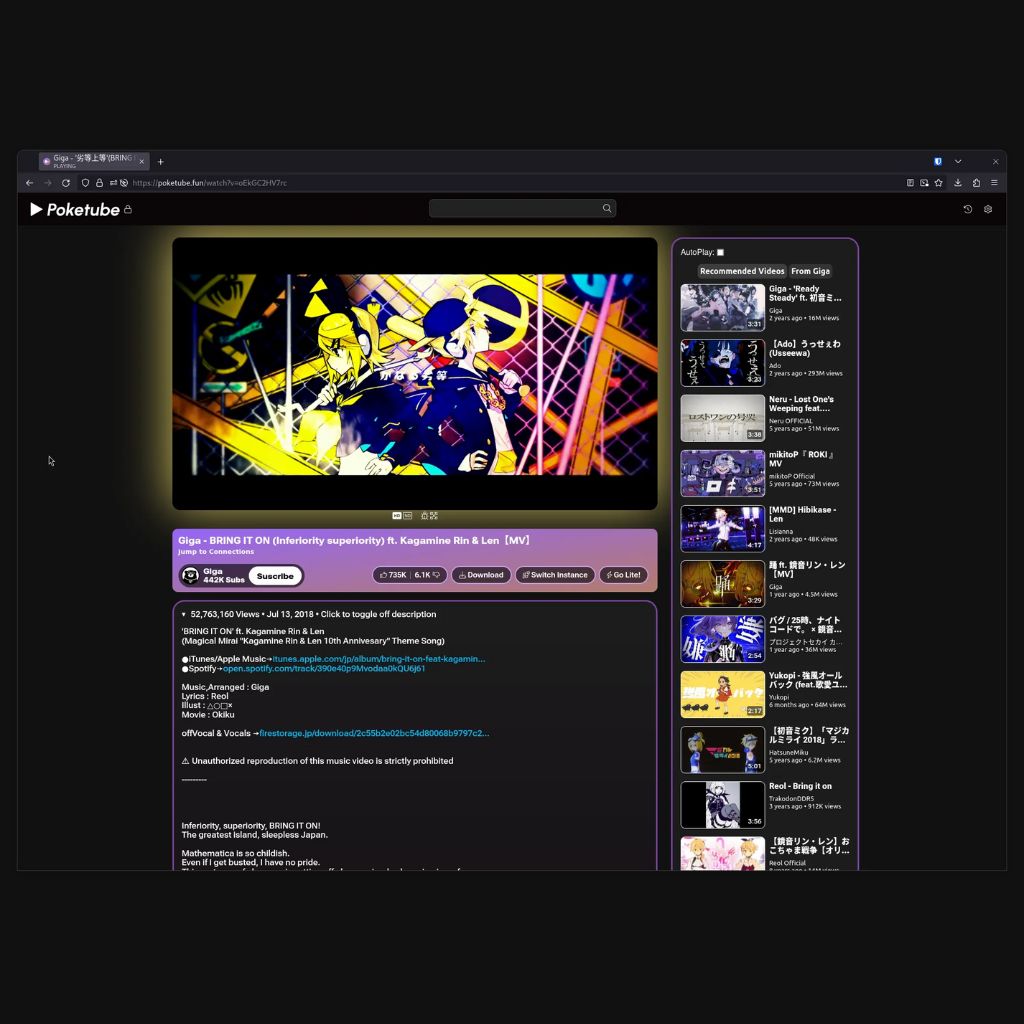 A screenshot of a video player interface showing a music video titled "BRING IT ON" featuring Kagamine Rin & Len, with a colorful animated thumbnail. The page includes video details, view count, and a sidebar with recommended videos.