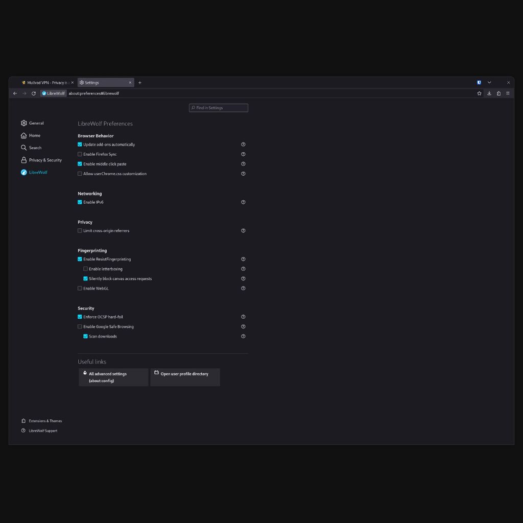 LibreWolf Preferences settings page in a dark theme, displaying options such as browser behavior, networking, privacy, fingerprinting, and security.