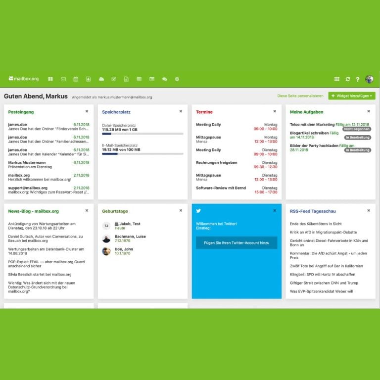 Email dashboard with widgets for inbox, storage, tasks, news, calendar, and Twitter integration on a green background.