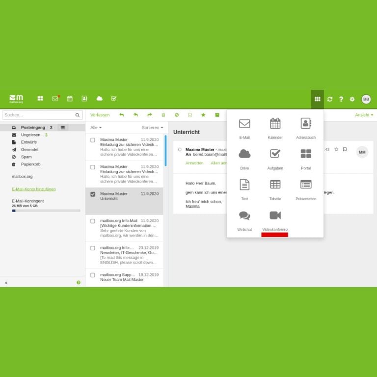 Email interface with a sidebar showing folders, a list of emails, and a detail view. A pop-up menu displays various mailbox.org apps, including email, calendar, and videoconferencing.