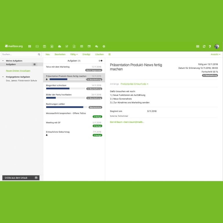 Screenshot of an email client's task management interface showing a to-do list with tasks, deadlines, progress bars, and details for a specific task.