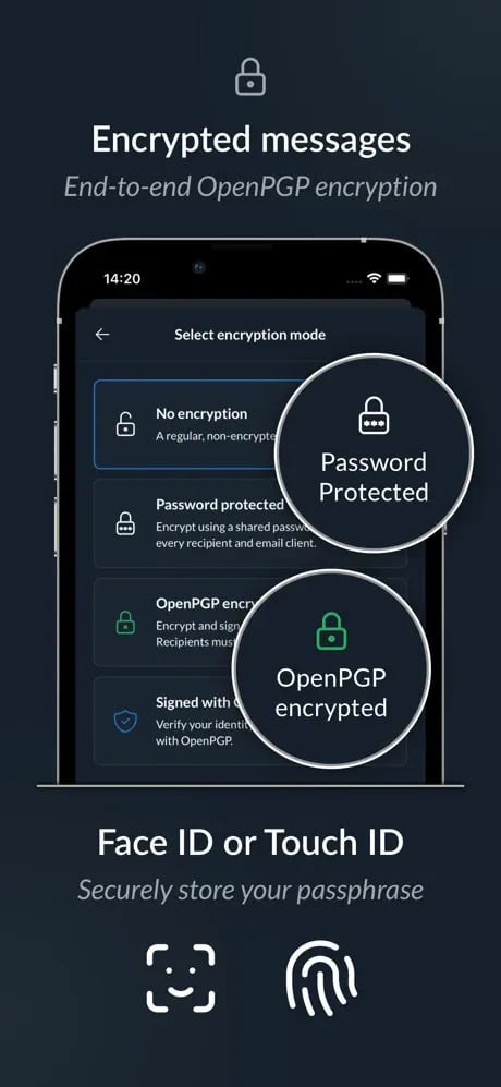 "Encrypted messages" interface showing encryption options including Password Protected and OpenPGP encrypted, with Face ID or Touch ID for secure passphrase storage.