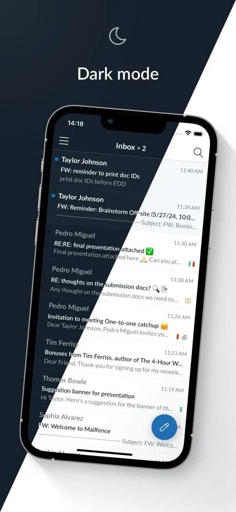 Smartphone displaying an email inbox in dark mode with several messages listed.