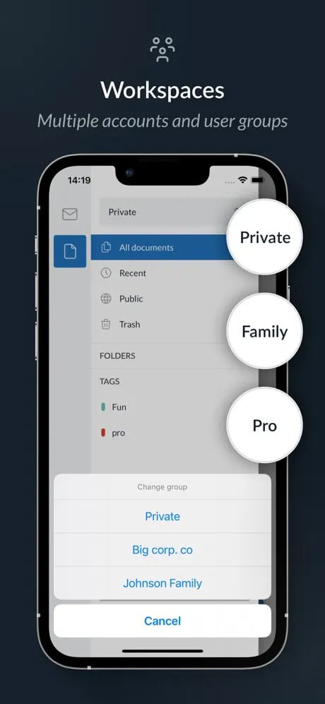 Smartphone screen displaying a workspace app with options for Private, Family, and Pro accounts.