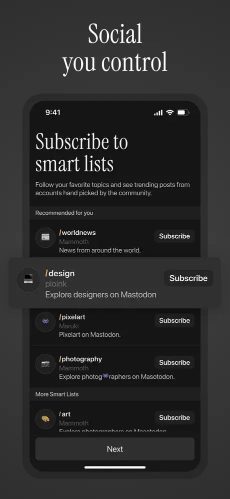 Alt text: Smartphone screen displaying a social media app interface with options to subscribe to various smart lists, including topics like world news, design, pixel art, photography, and art.