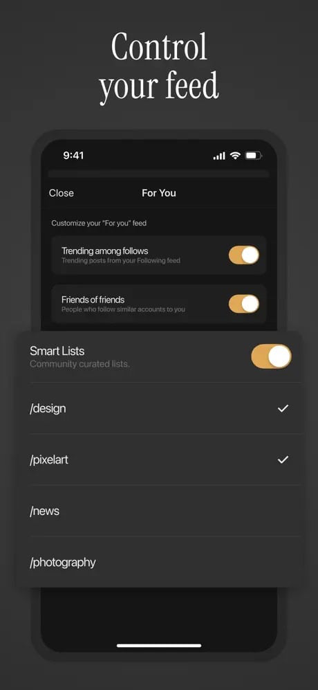 Alt text: Smartphone interface showing feed customization options with toggles for "Trending among follows" and "Friends of friends," alongside smart lists like /design and /pixelart.