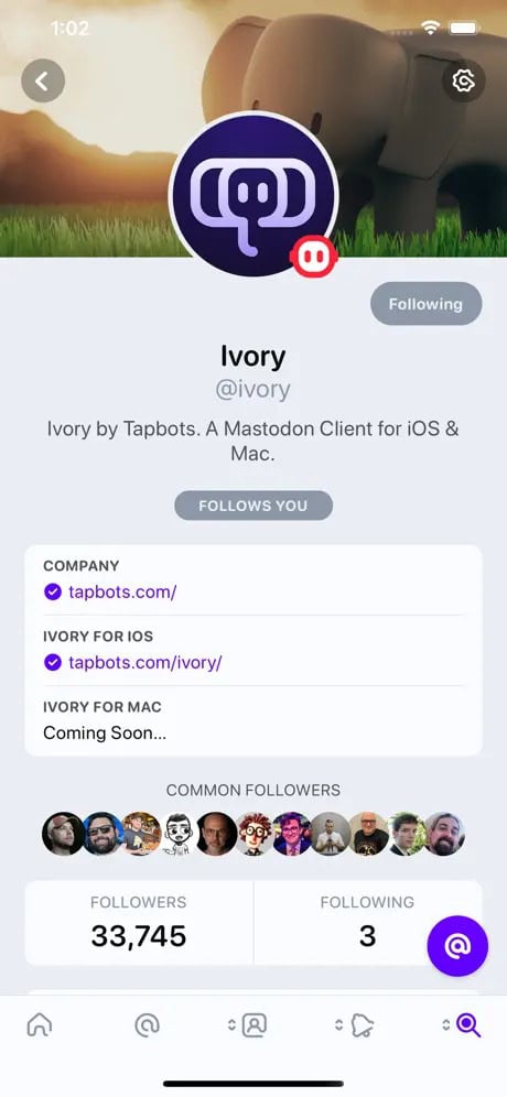 Profile page of Ivory by Tapbots, showcasing it as a Mastodon client for iOS and Mac, including web links, follower count, and some common followers.