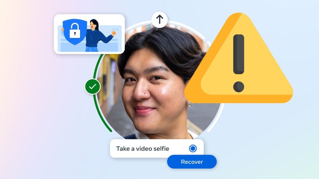 Person smiling with a security icon, a caution symbol, and text prompting to "Take a video selfie" with a "Recover" button.