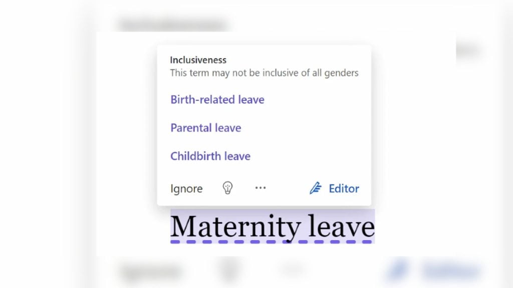 "Word editing suggestion for "maternity leave" to use more inclusive terms like "birth-related leave," "parental leave," or "childbirth leave.""