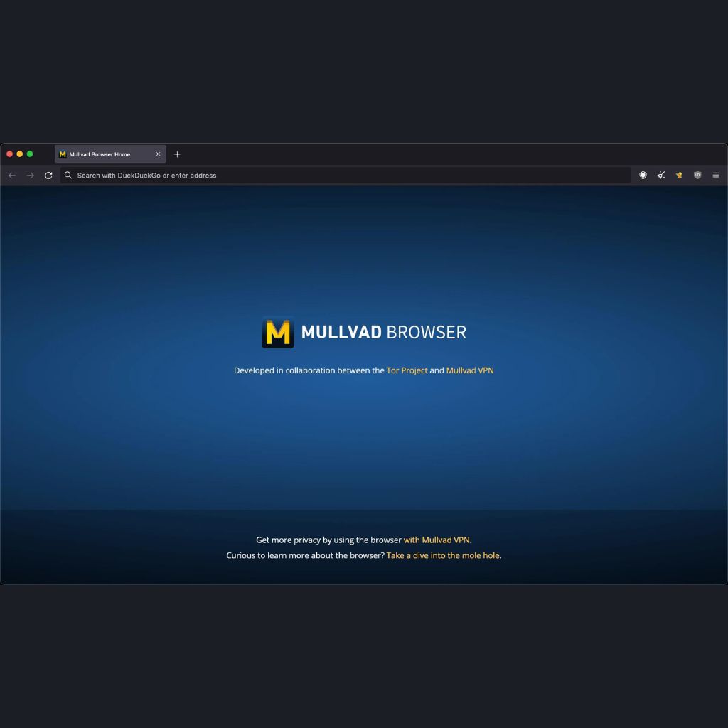 Alt text: "Mullvad Browser home screen with a dark blue background displaying the Mullvad logo and text stating collaboration with the Tor Project and Mullvad VPN."