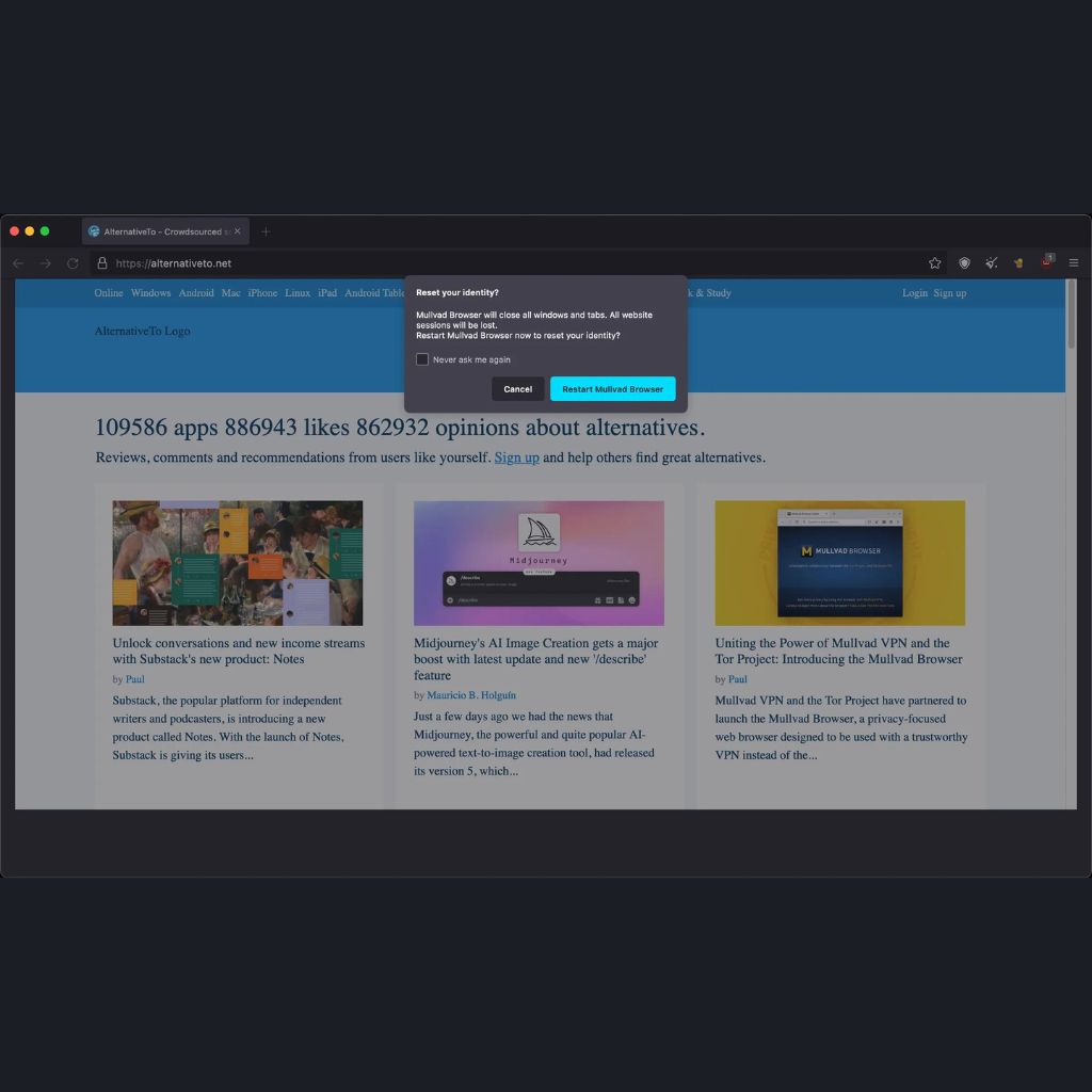 Screenshot of a website featuring articles about new tech products and services, with a pop-up window offering to reset the user's identity in the Mullvad Browser.