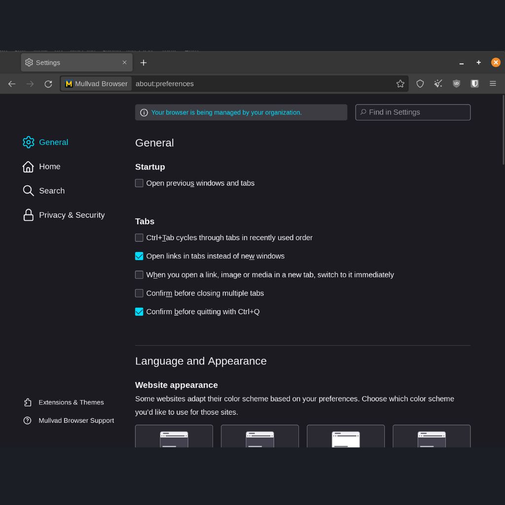 Settings page of Mullvad Browser displaying options for general settings, tab behavior, and language and appearance preferences.