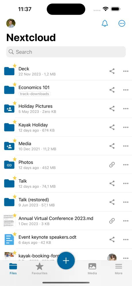 Nextcloud app interface showing a list of folders and files with details such as names, last modified dates, and sizes.