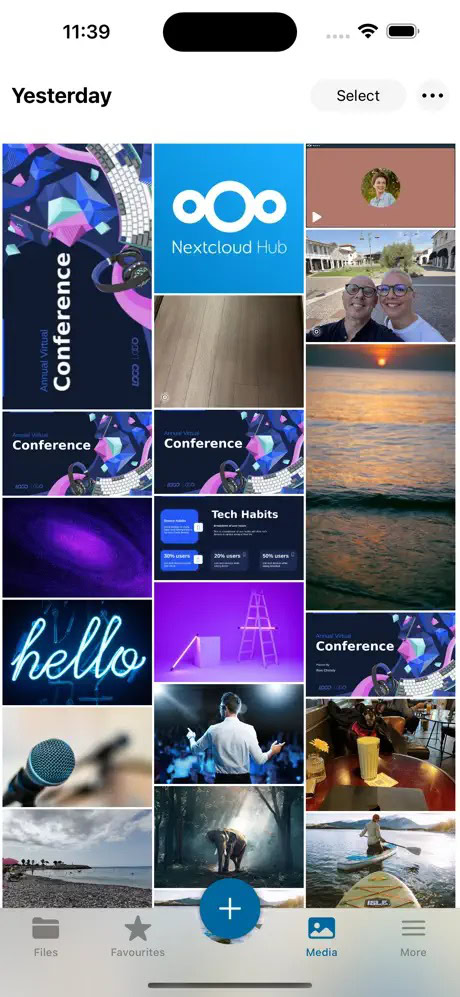 Grid of thumbnail images in a mobile photo gallery app, showing a mix of conference posters, people, landscapes, and miscellaneous items.