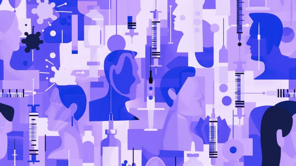 Abstract illustration of silhouette profiles, medical syringes, and virus symbols in shades of blue and purple.