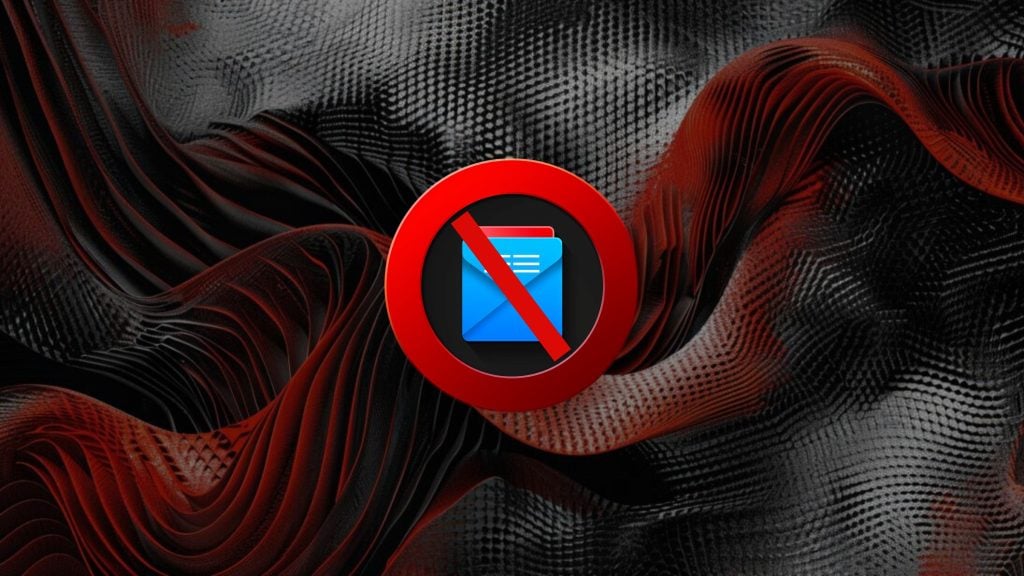 A stylized red prohibition symbol over a blue document icon on a dark, abstract textured background.