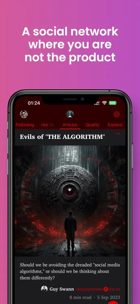 A smartphone screen displaying a social network interface with the headline "Evils of 'THE ALGORITHM'" above an article image of a person facing a large mechanical eye. The background features a gradient of purple to pink with text stating, "A social network where you are not the product."