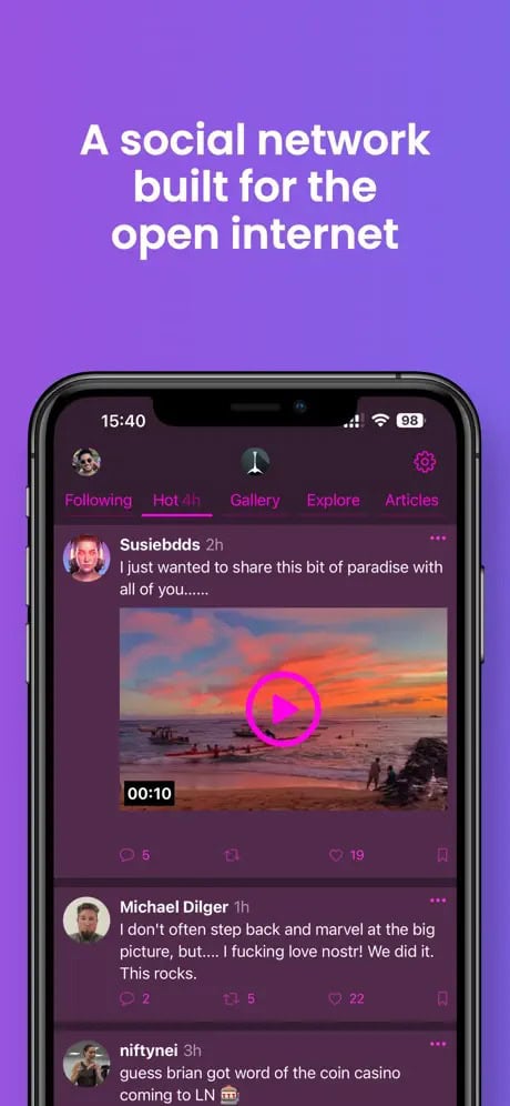 Mobile app interface displaying a social media feed with a purple background, featuring posts with text and images.