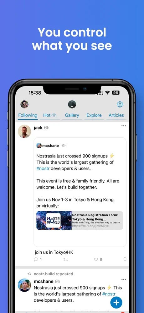 A smartphone screen displaying a social media app with a post about an event called Nostr Asia, highlighting 900 signups and encouraging participation in Tokyo and Hong Kong from November 1-3.