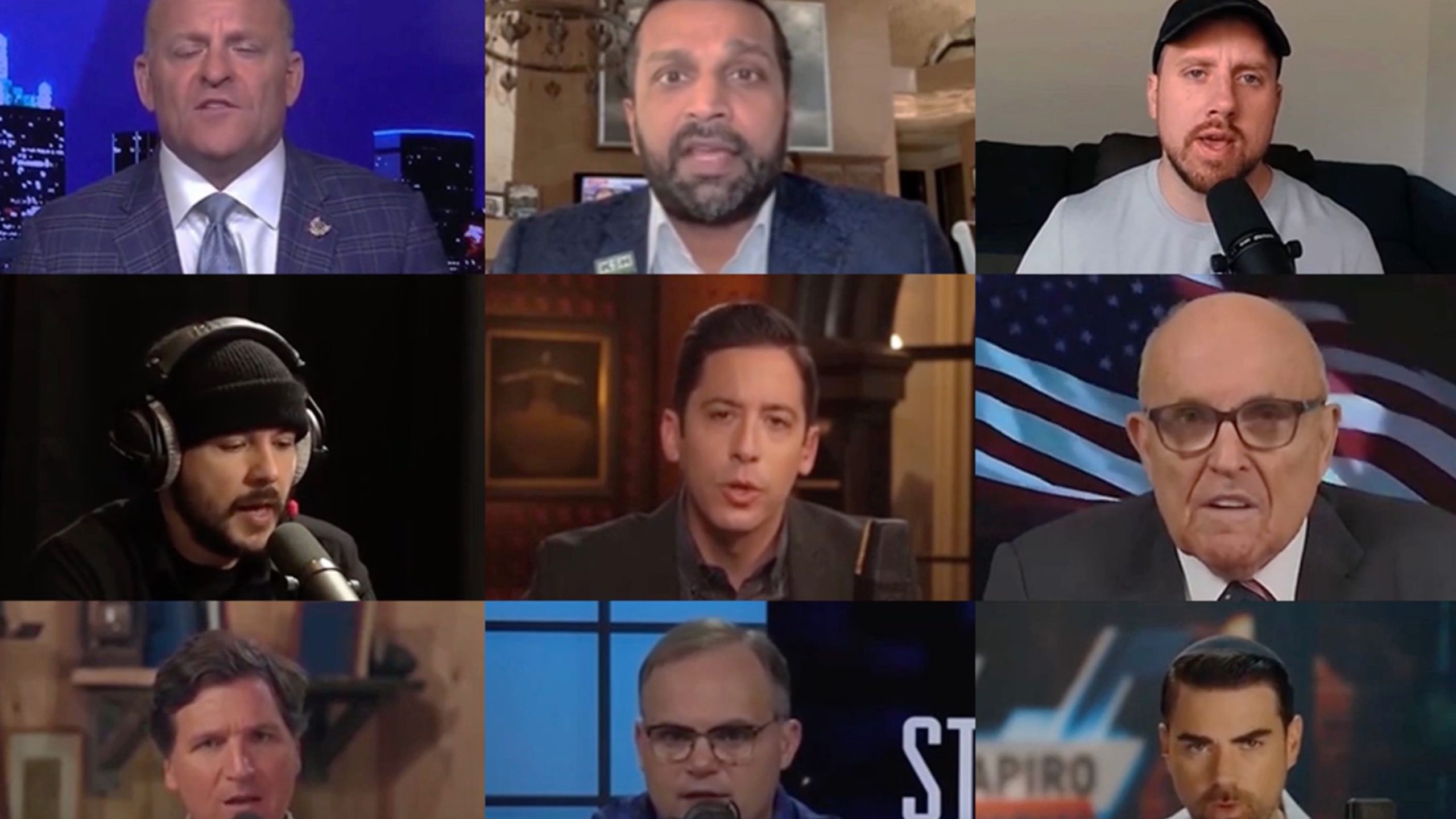 A 3x3 grid of various men speaking, some with microphones and different backgrounds.