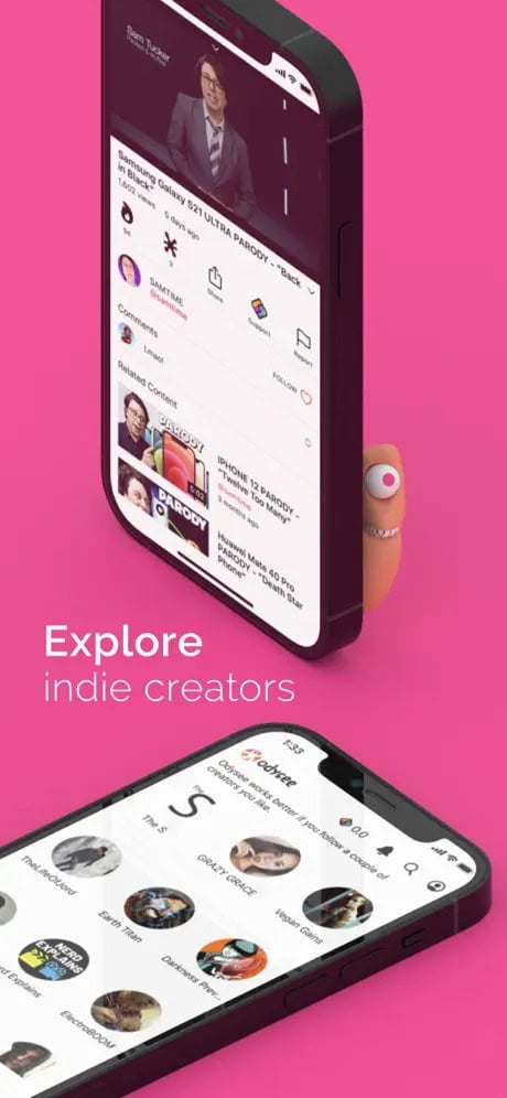 Smartphone screens displaying a content app with a pink background and the text "Explore indie creators."