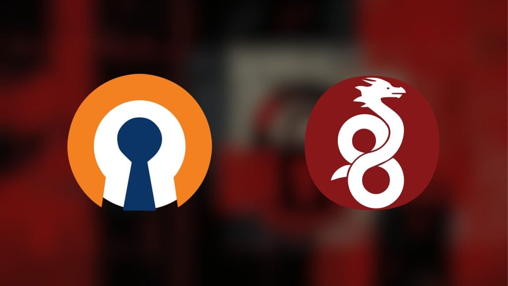 Icons of OpenVPN on the left and WireGuard on the right against a blurred background.