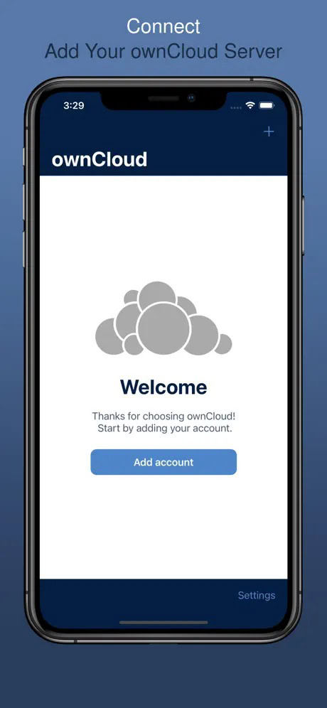 Alt text: Smartphone screen displaying the ownCloud app welcome page with an option to "Add account."