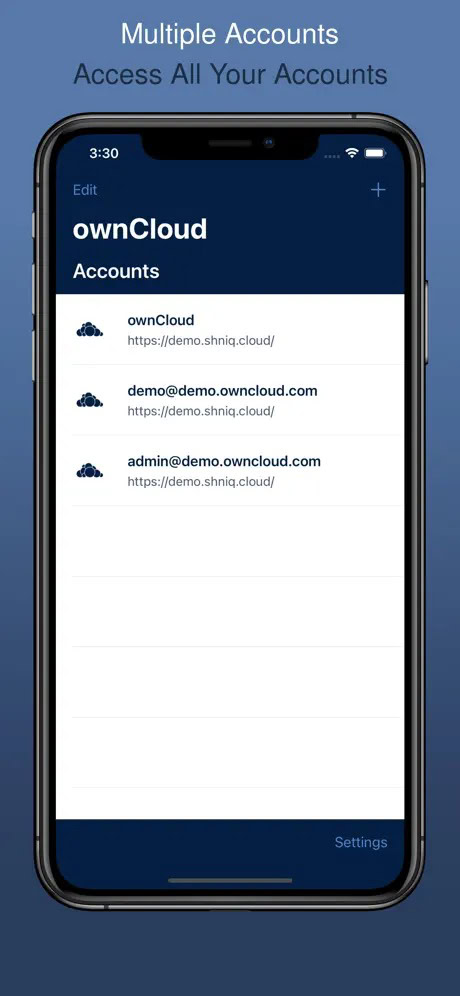 A smartphone display shows an app interface for ownCloud with multiple account listings.