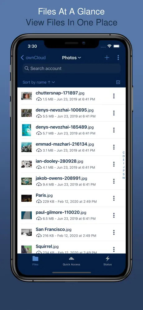 Mobile interface of ownCloud app displaying a list of photo files with details such as size and modification date.