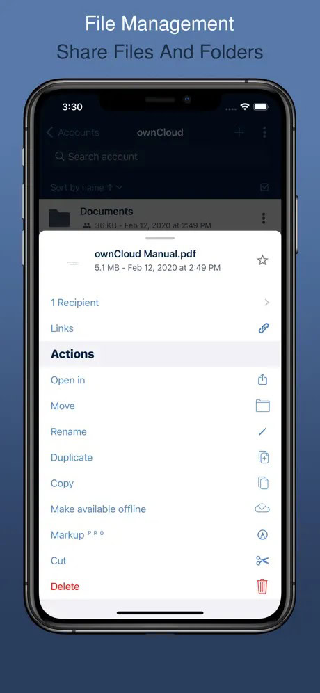 Mobile interface of ownCloud app showing file management options for a PDF document.