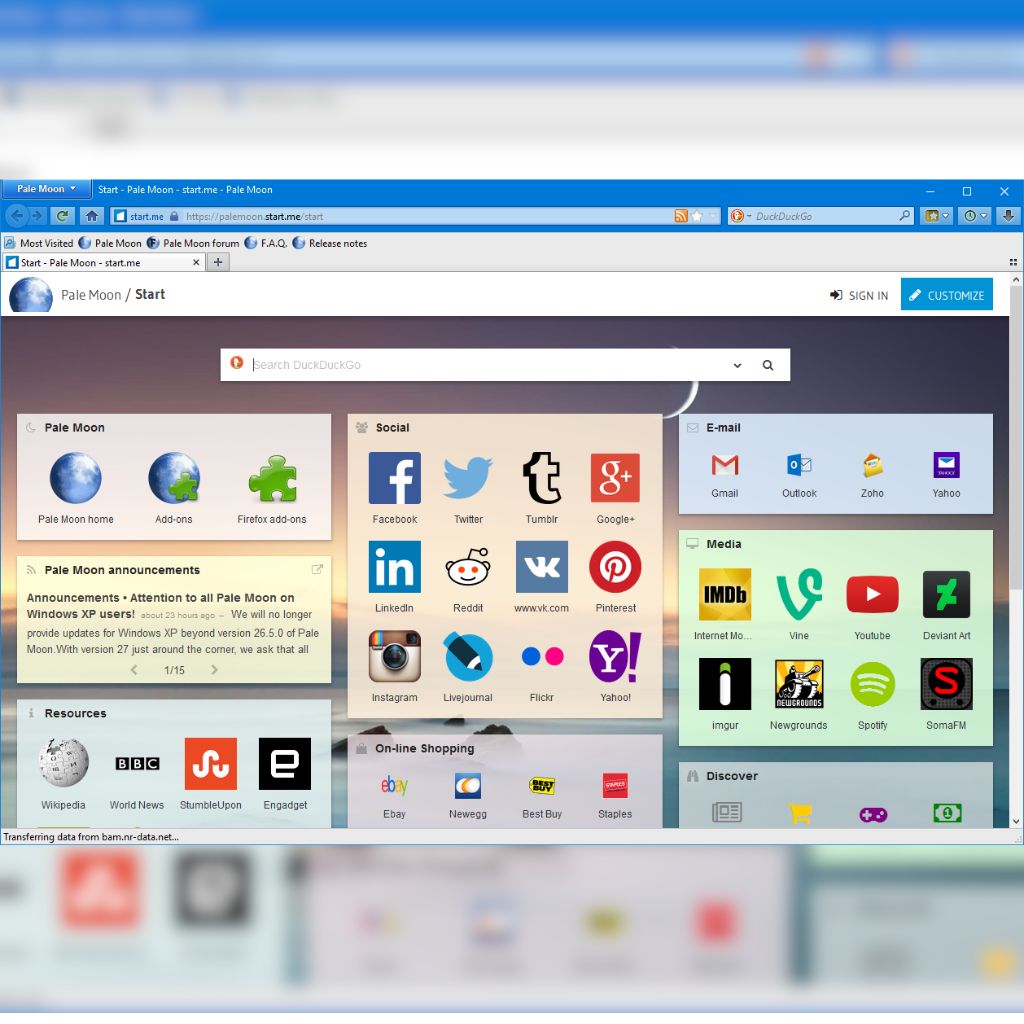 A web browser named Pale Moon displaying various bookmarks and social media icons like Facebook, Twitter, and Instagram.