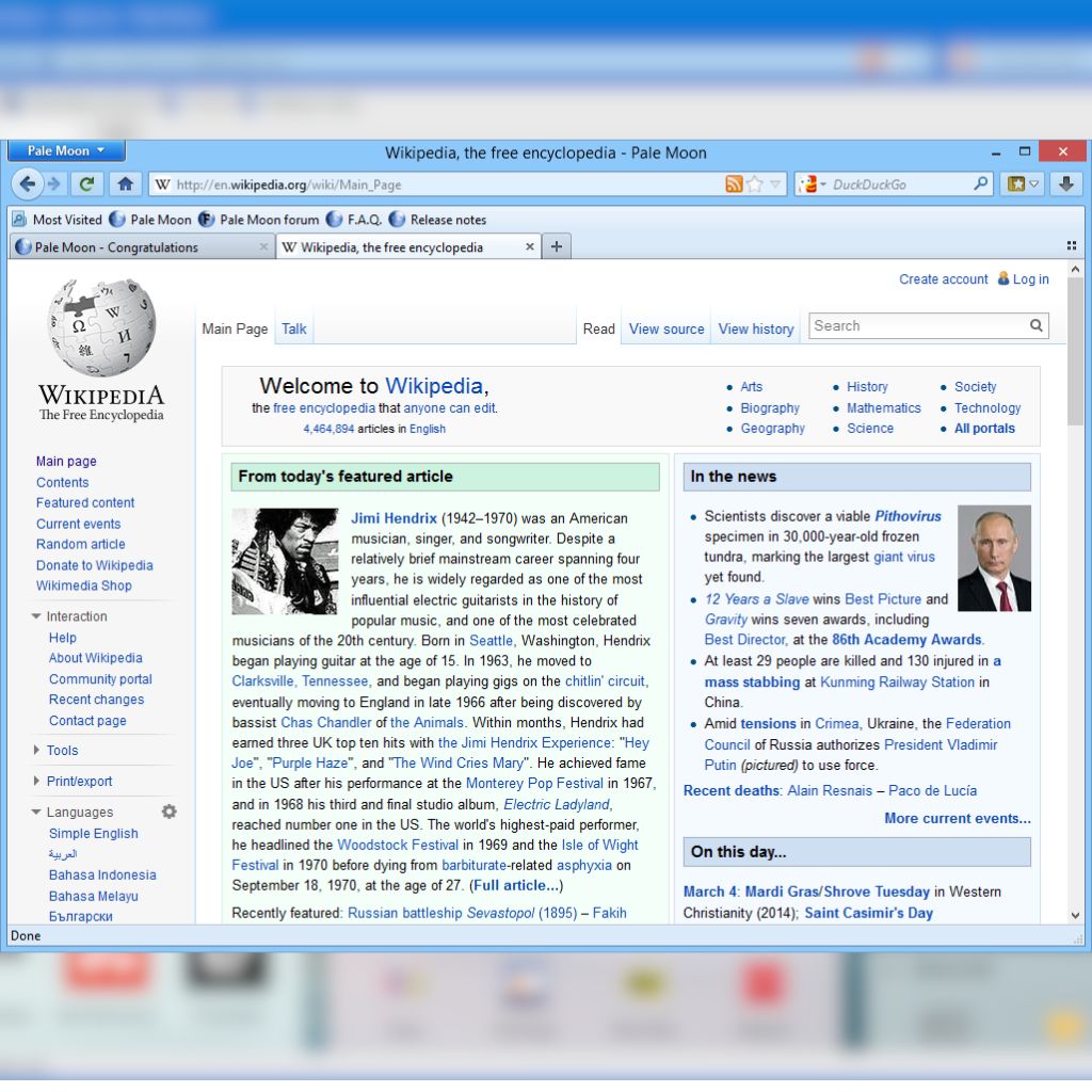 Screenshot of a Wikipedia main page open in the Pale Moon web browser, featuring a Jimi Hendrix article and news highlights.