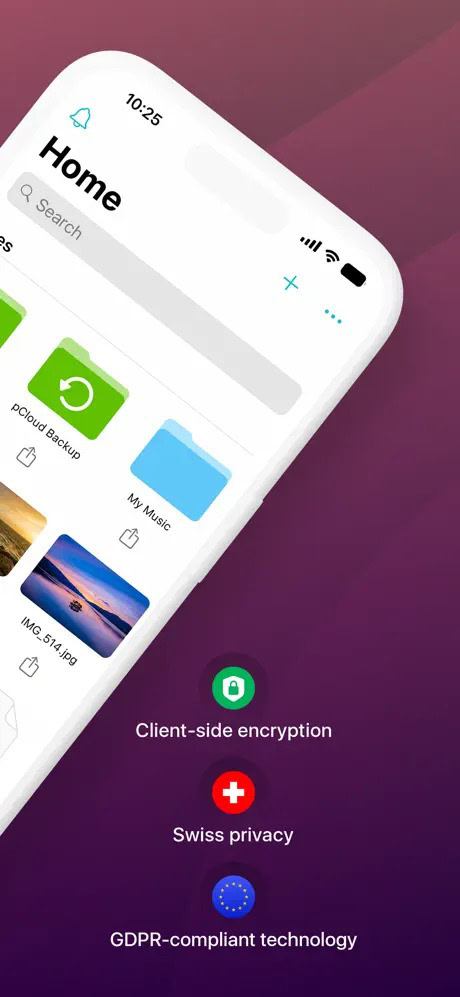 A smartphone displaying a cloud storage app interface with visible folders and icons, highlighting features like client-side encryption, Swiss privacy, and GDPR-compliant technology.