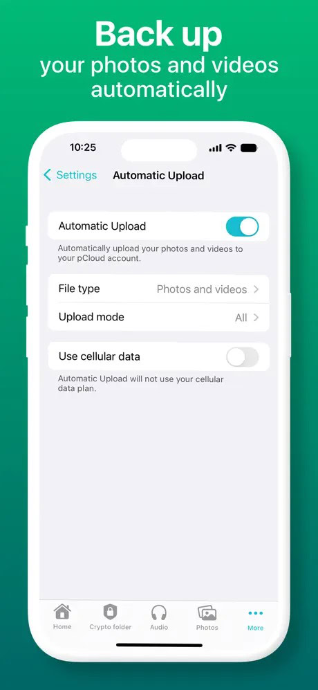 "Automatic Upload" settings screen on a smartphone, showing options to enable automatic upload, select file type, upload mode, and use cellular data, with toggles for customization.