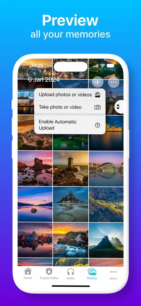 A smartphone screen displaying a photo gallery app with various nature images and an options menu overlay for uploading photos, taking photos, or enabling automatic upload.