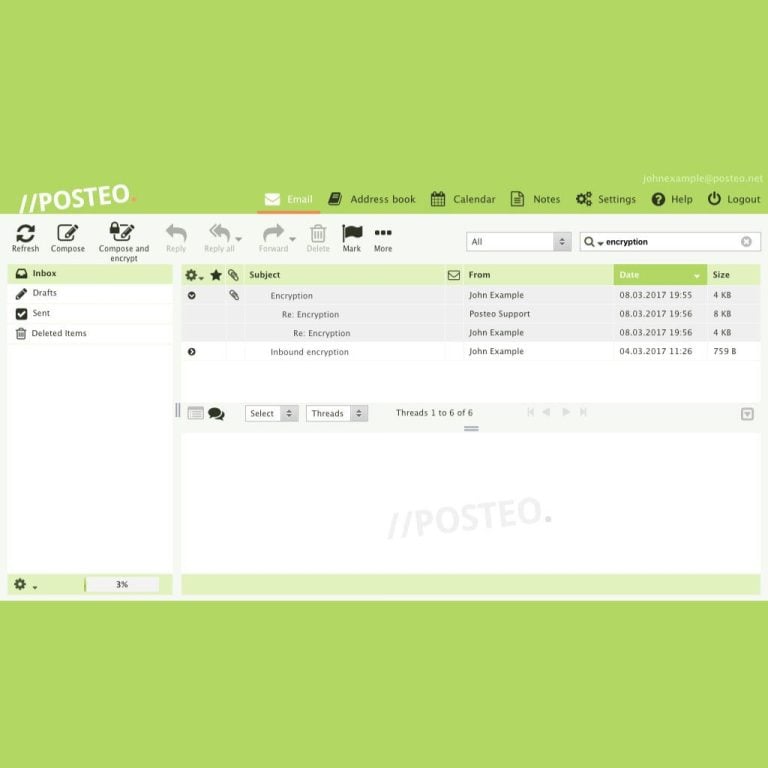 Email inbox interface with a green theme, showing a list of emails related to encryption, including subjects, senders, dates, and sizes.