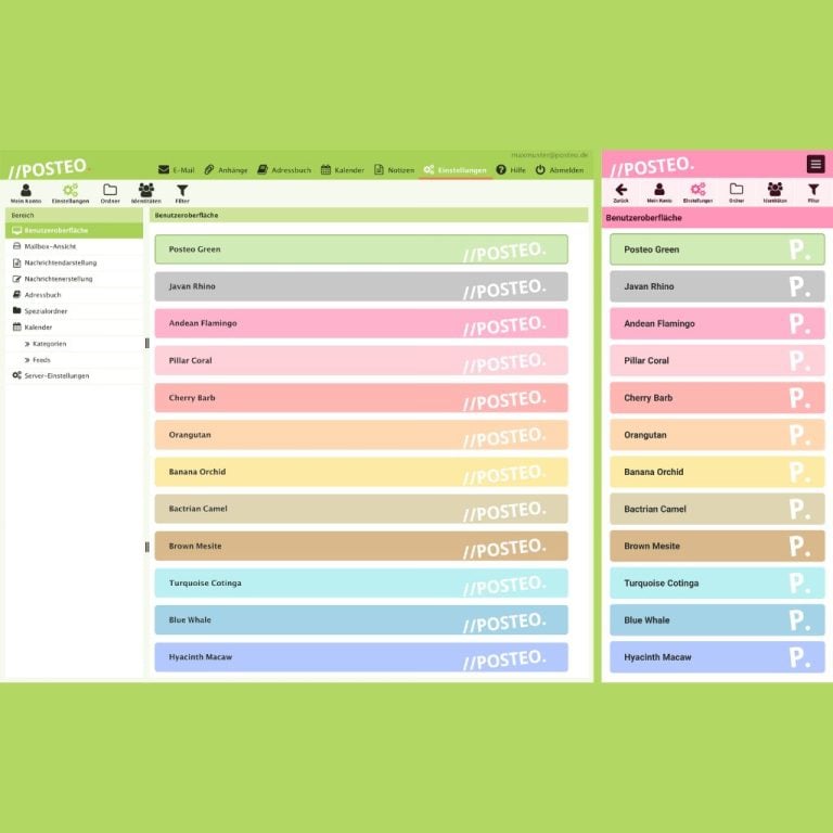 Posteo email interface showing different themes with colorful names like "Posteo Green," "Andean Flamingo," and "Hyacinth Macaw."