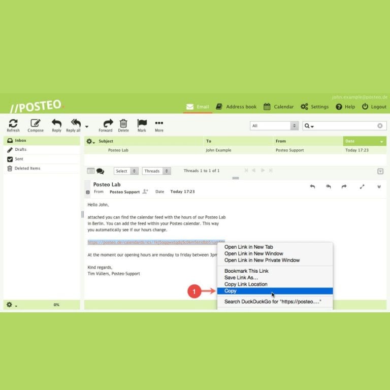 Screenshot of an email interface showing an email from Posteo Support to John Example with a context menu open, highlighting the option to copy a calendar link.