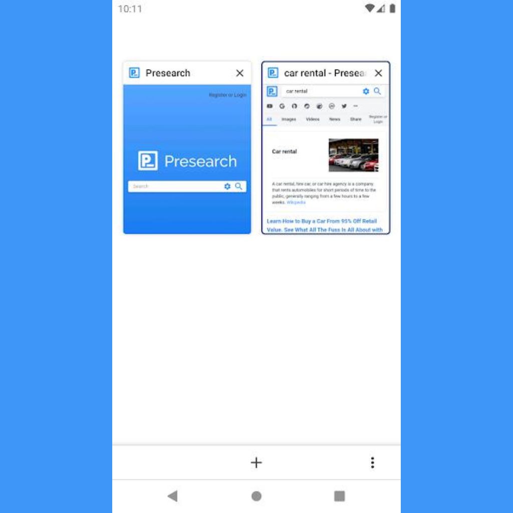 A screenshot of a mobile screen showing two open tabs in a browser. One tab displays "Presearch" with a search bar on a blue background. The other tab shows a search result for "car rental" with text and a thumbnail image.