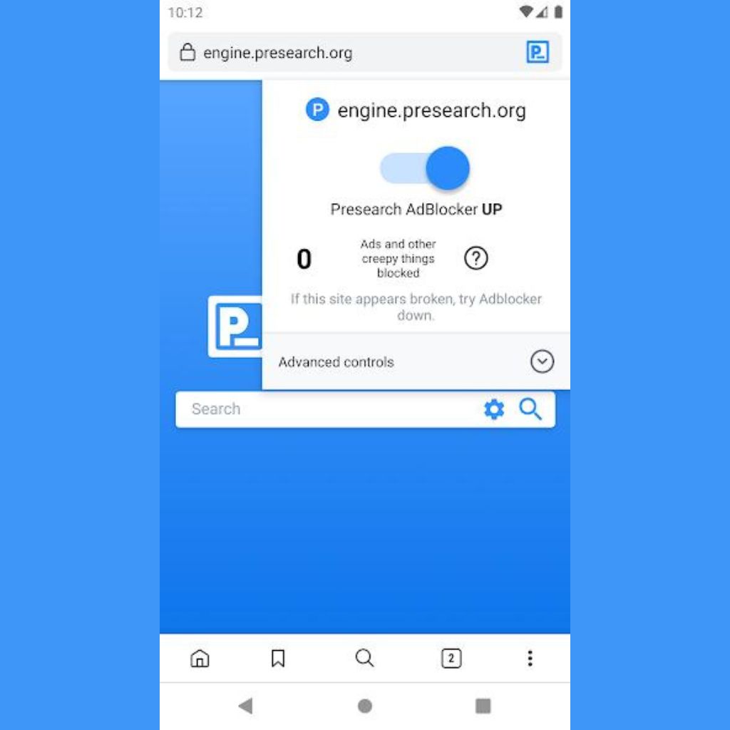 Mobile browser interface with a Presearch AdBlocker notification, showing 0 ads blocked and options for controls.