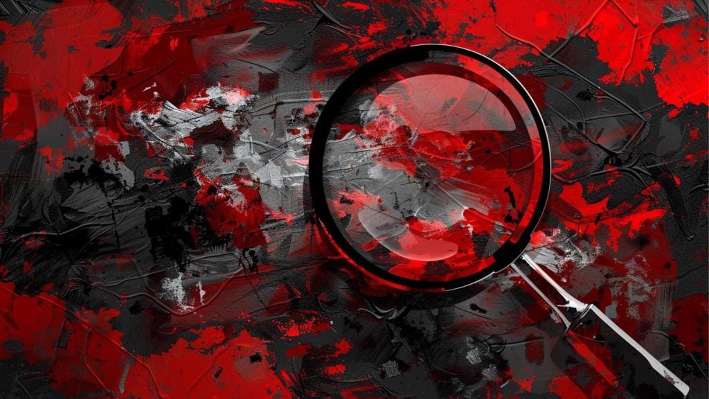 A magnifying glass over a black, red, and white abstract painting.