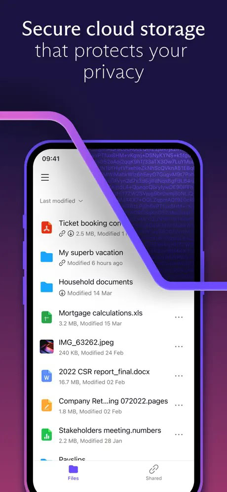 Alt text: Smartphone displaying a cloud storage app interface with a list of files. Text above reads, "Secure cloud storage that protects your privacy."