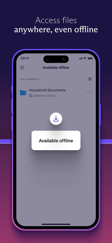 Phone screen displaying a file management app with a "Household documents" folder available offline. Text above reads "Access files anywhere, even offline."