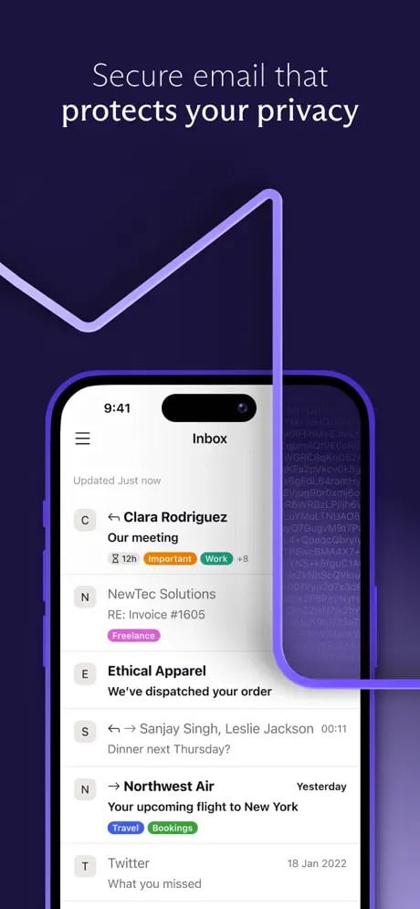 "Image of a smartphone screen displaying an email inbox with various messages and a text saying 'Secure email that protects your privacy' above."