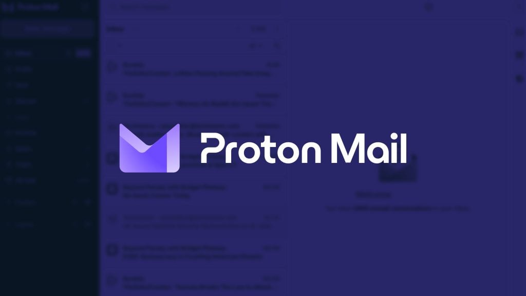 Proton Mail logo on a blurred email interface background.